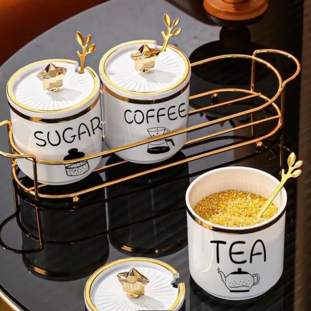 Luxury White and Gold Ceramic Canister Set with Tray - Picture 4 of 4